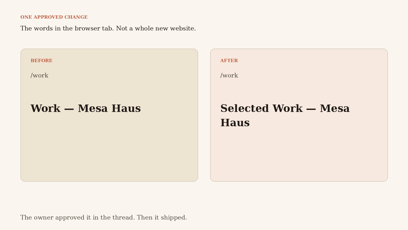 Before and after browser title for the Work page.